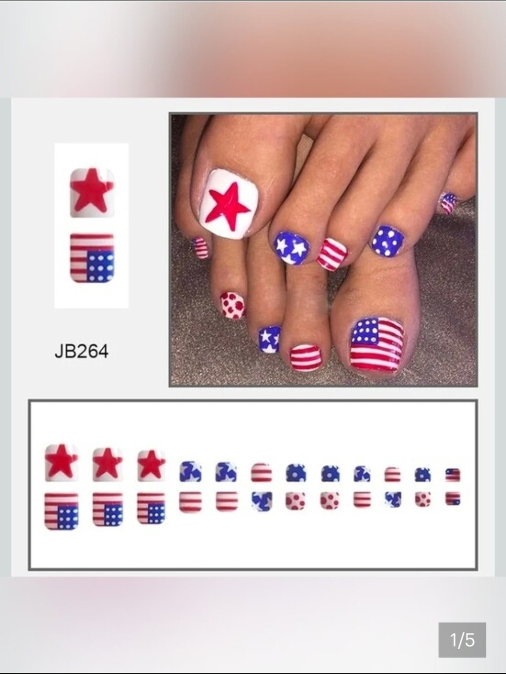 Patriotic  Press on Toenails Short Square Toe Nails with Red Blue USA
